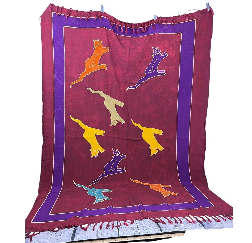 Wind River Vintage Novelty Rayon Cat Tie-dye Shawl Boho Cover Up Throw Tapestry